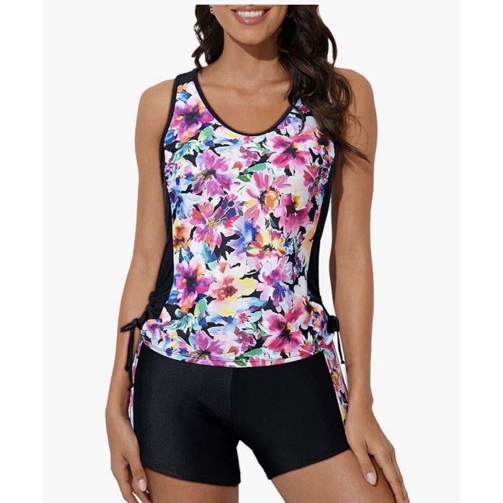 Dokotoo Tankini Swimsuit Size S Two Piece Tummy Control Boy Shorts Floral Black